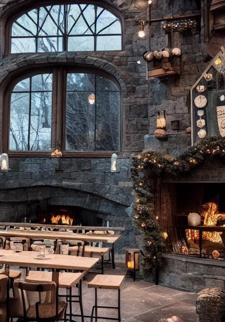 Огромная роскошная причудливая пекарня Хогвартса, камин, зимнее фото, 4к