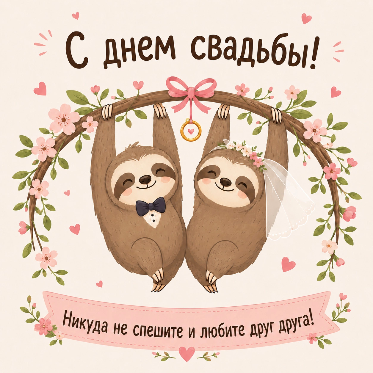 Забавная открытка с ленивцами и поздравлением с днем свадьбы