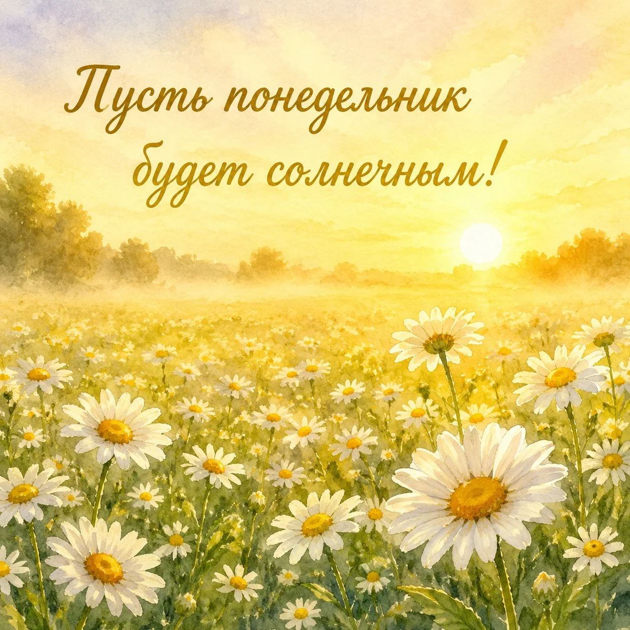 Светлая открытка с ромашковым полем и пожеланием солнечного понедельника