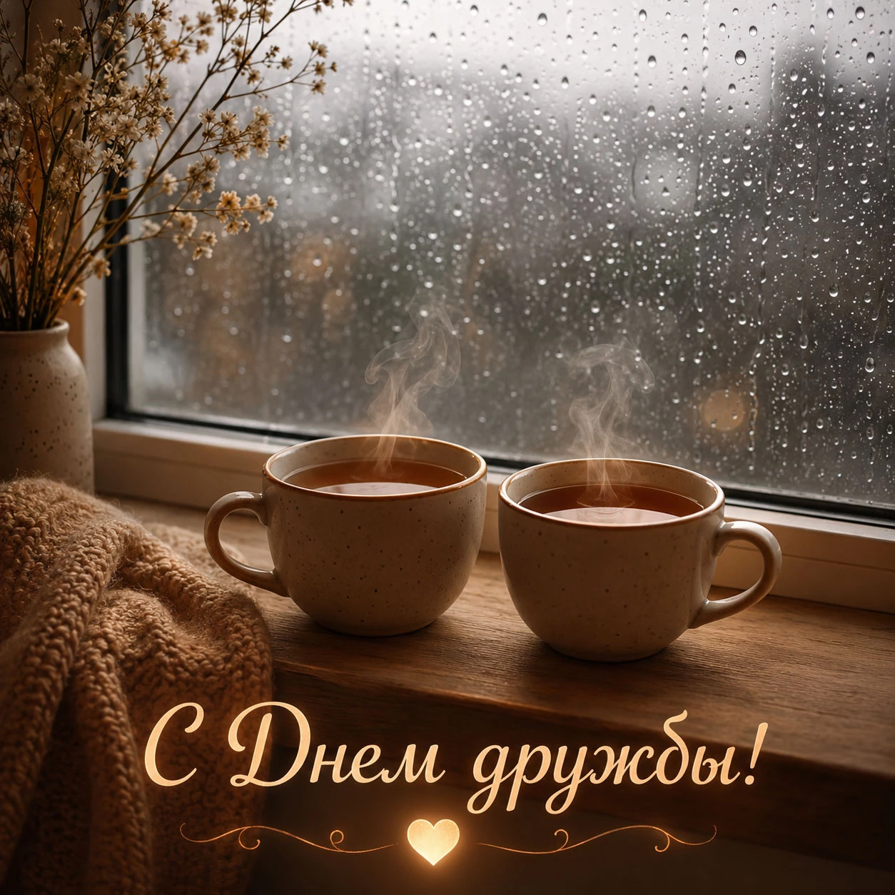Открытка ко Дню дружбы с чашками у окна