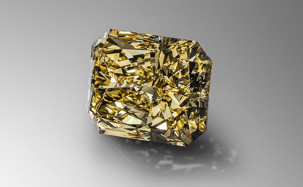 Форма желтого бриллианта называется radiant (лучистый), масса 54,09 карата с характеристиками 8-5/4А