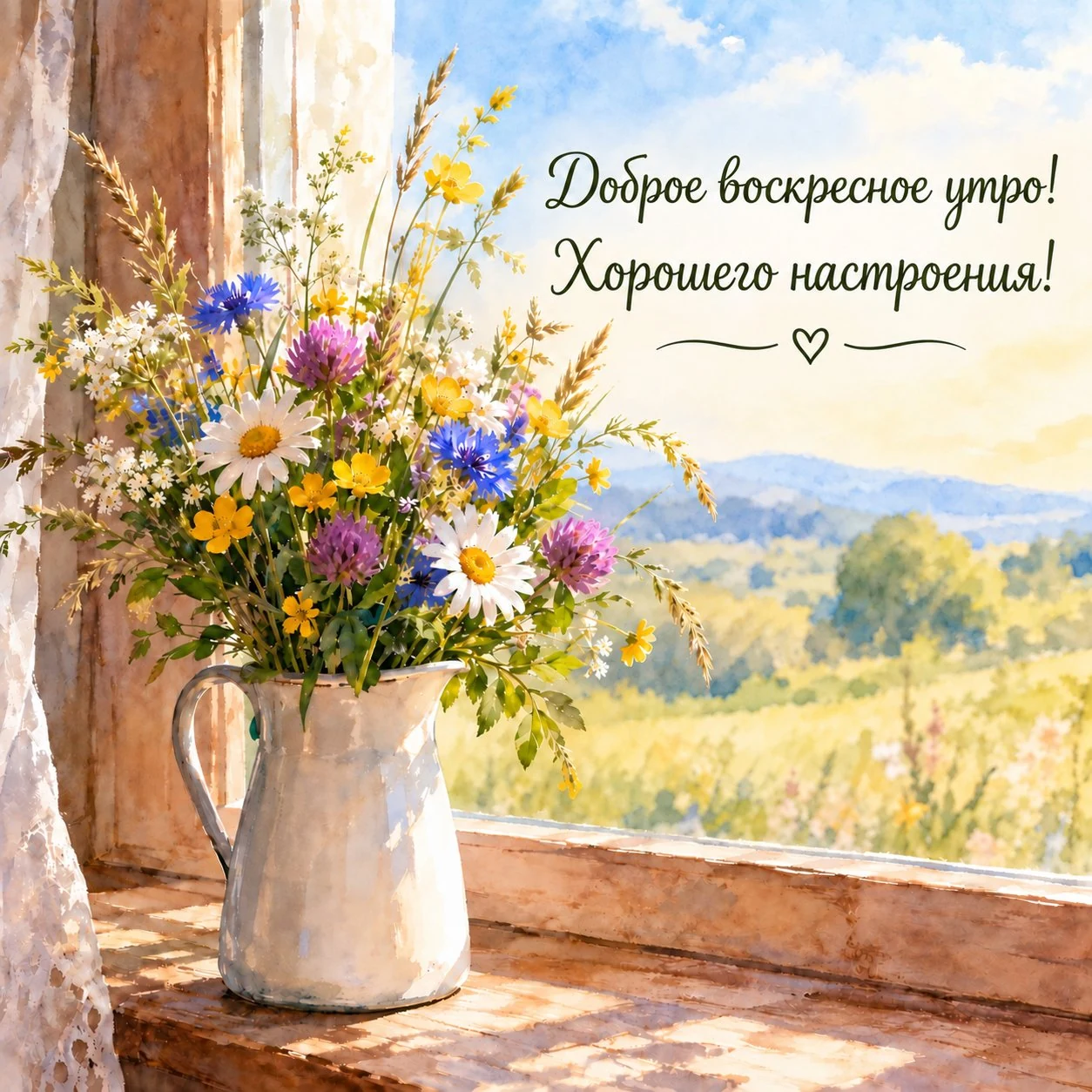 Нежная открытка с надписью «Доброе воскресное утро! Хорошего настроения!»