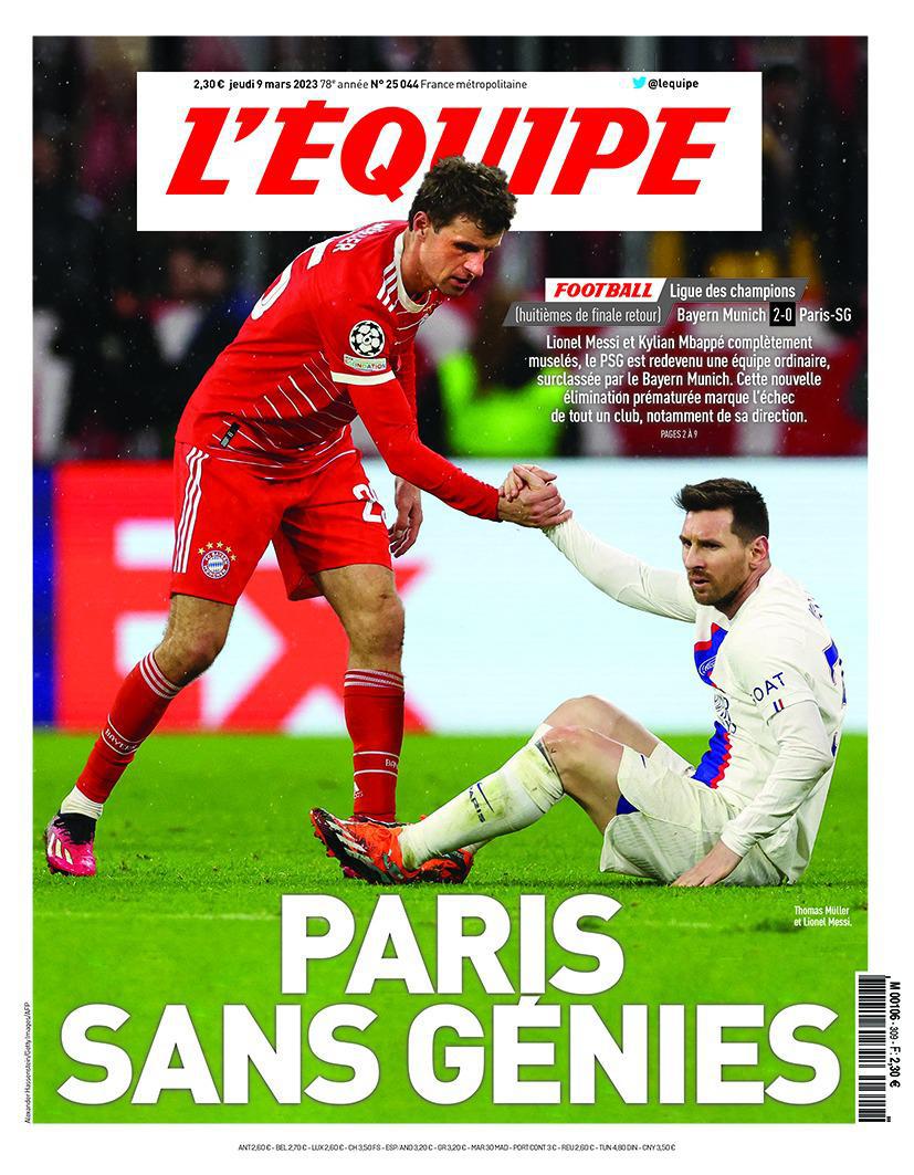 Обложка L'Equipe с заголовком Paris Sans G&eacute;nies (&laquo;Париж без гениев&raquo;)