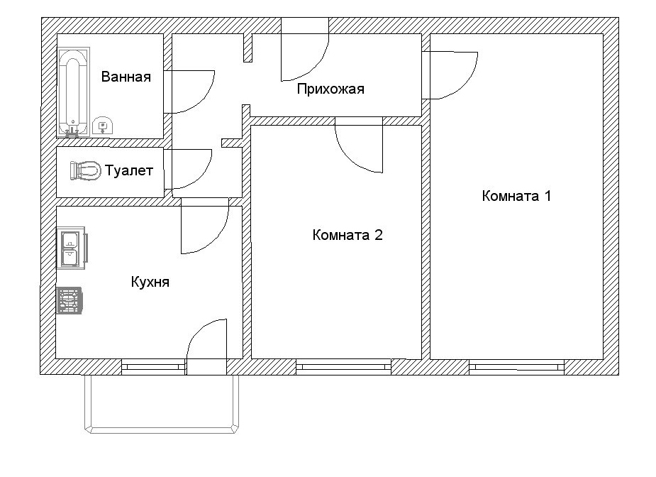 Планировка двухкомнатной квартиры чертеж