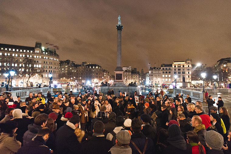Митинг солидарности с журналистами Charlie Hebdo на Трафальгарской площади в Лондоне

