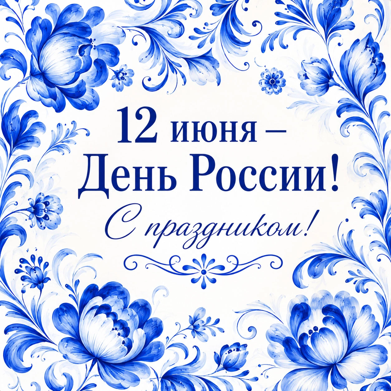 Гжельский узор и надпись «12 июня — День России! С праздником!»