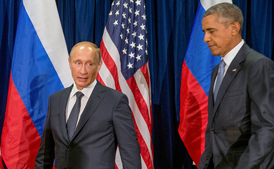 Президент России Владимир Путин с&nbsp;президентом США Бараком Обамой, 28 сентября 2015 года
