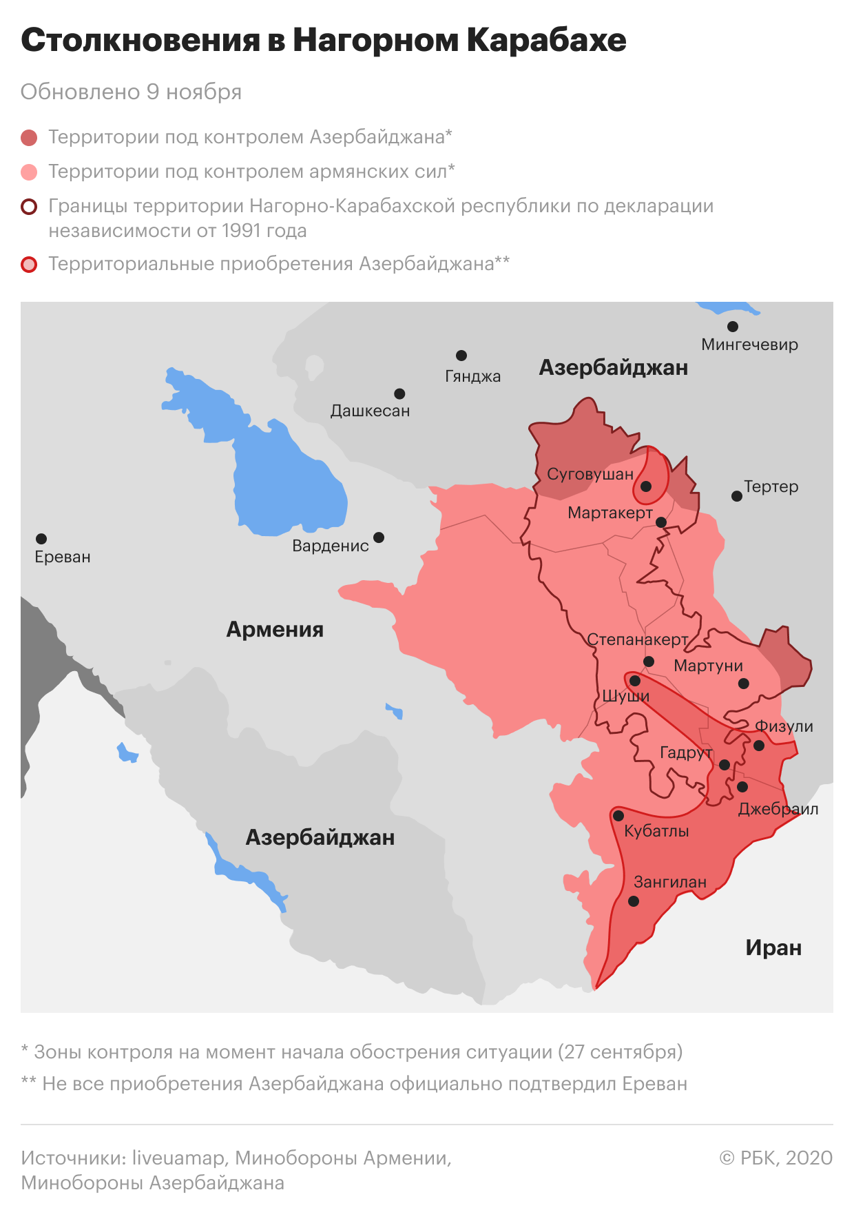 Обострение конфликта в Нагорном Карабахе. Карта на 9 ноября