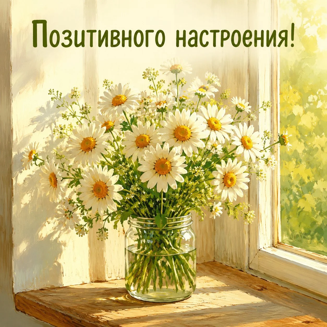 Открытка с ромашками и пожеланием позитивного настроения