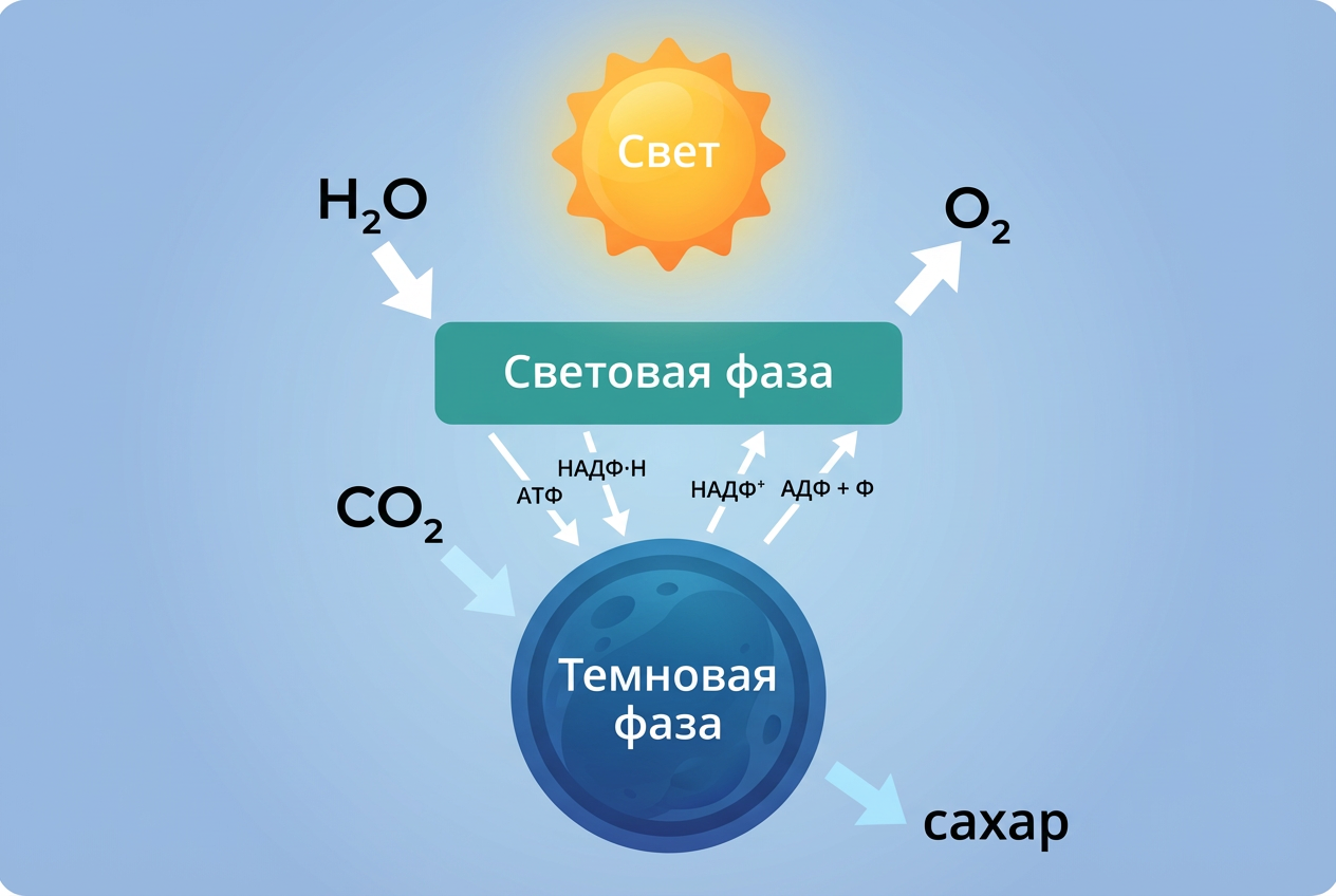 В процессе фотосинтеза участвуют углекислый газ и свет