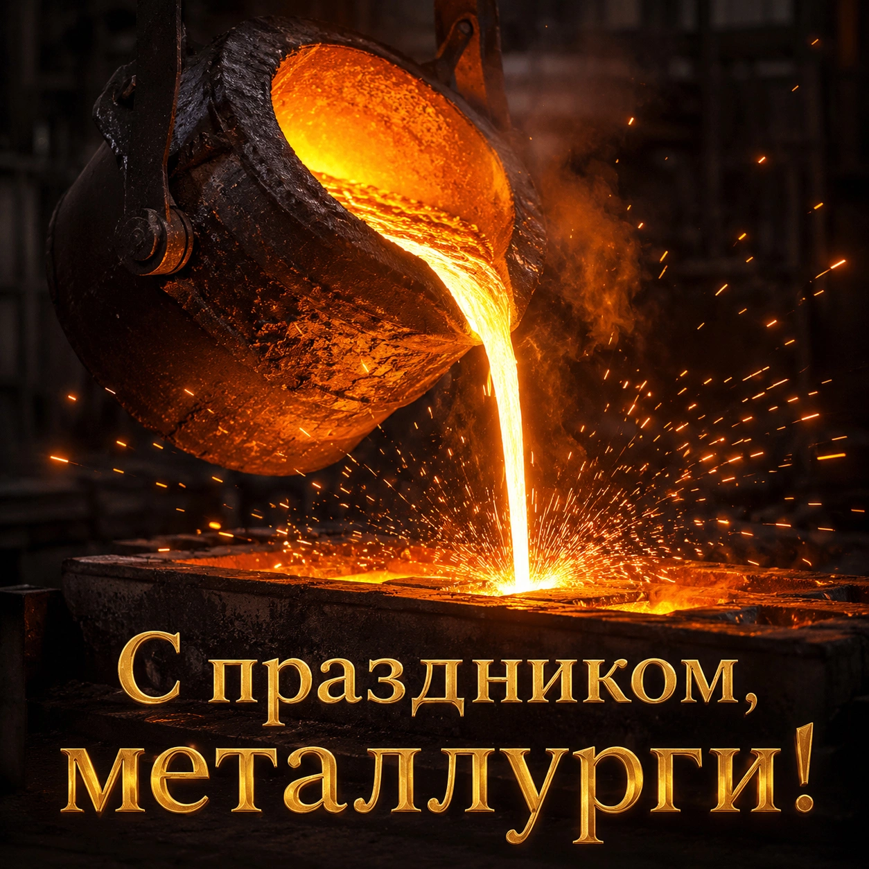 Открытка с надписью «С праздником, металлурги!»