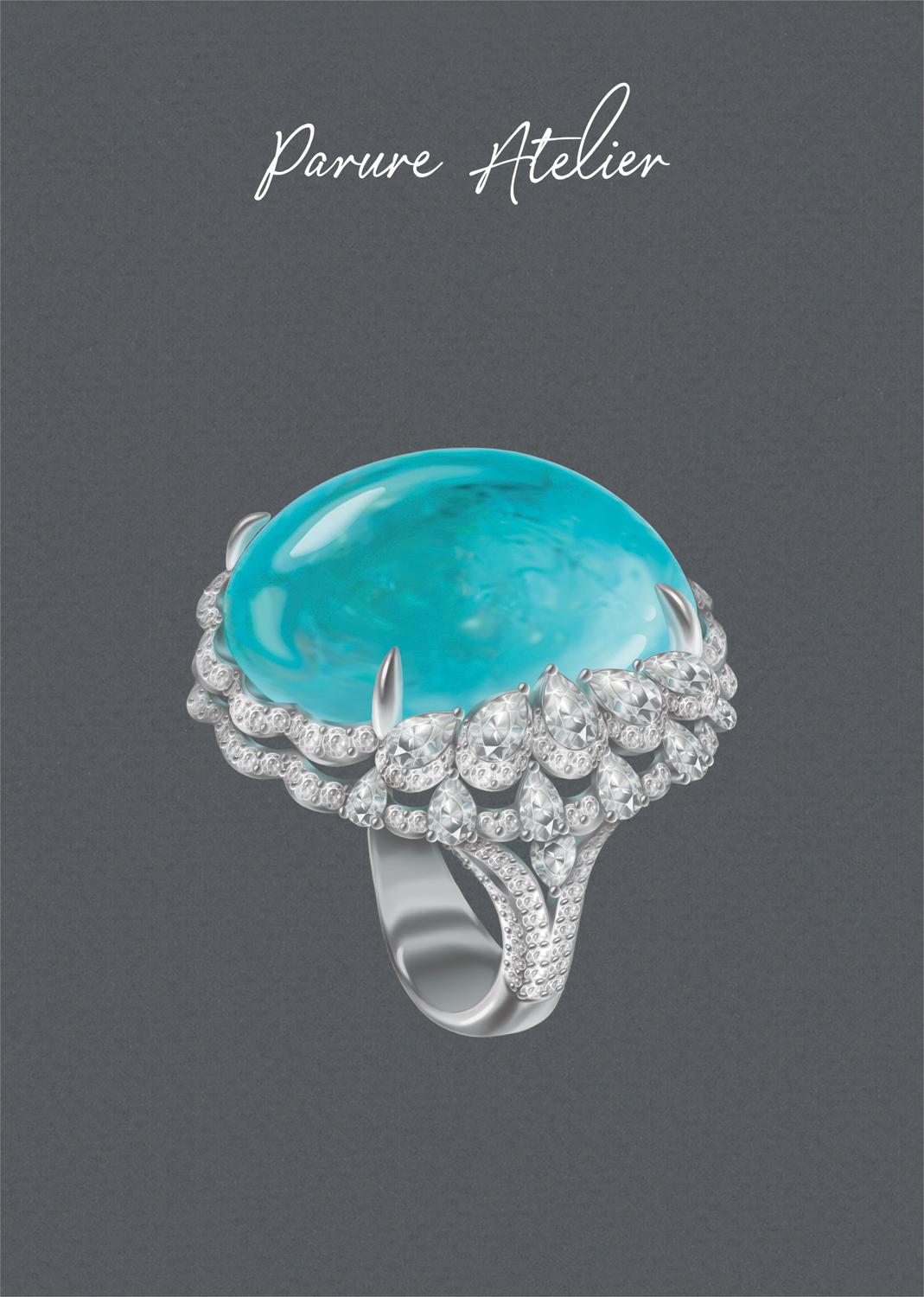 Кольцо с турмалином параиба и бриллиантами, Parure Atelier. Эскиз