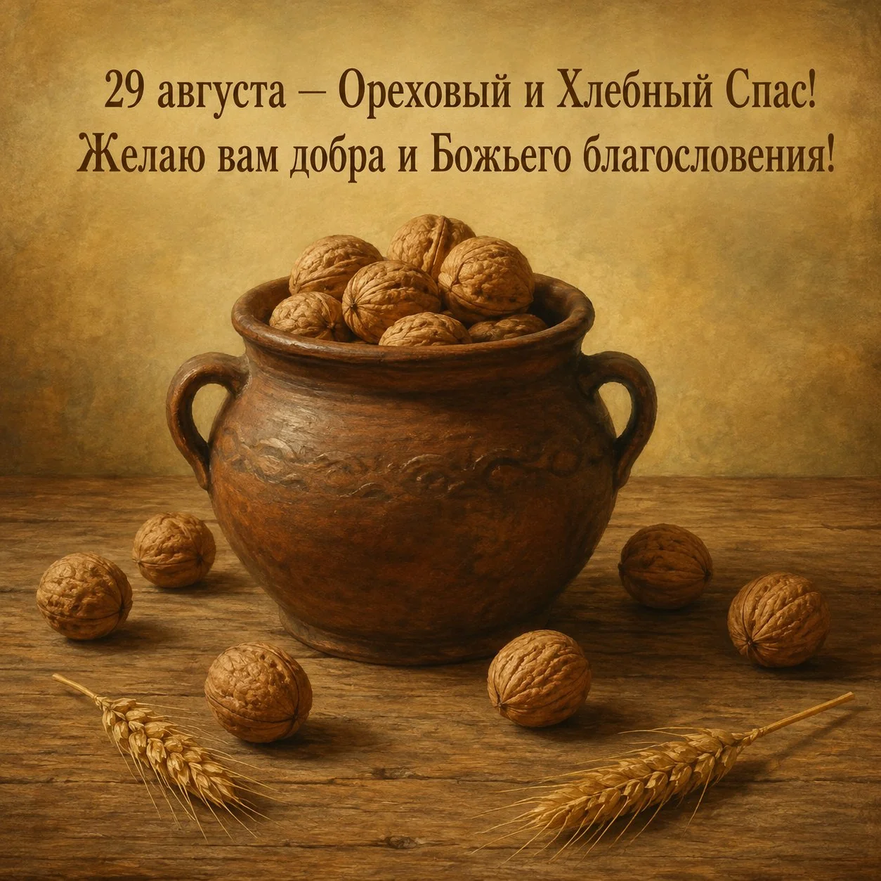 Открытка с Ореховым и Хлебным Спасом с грецкими орехами