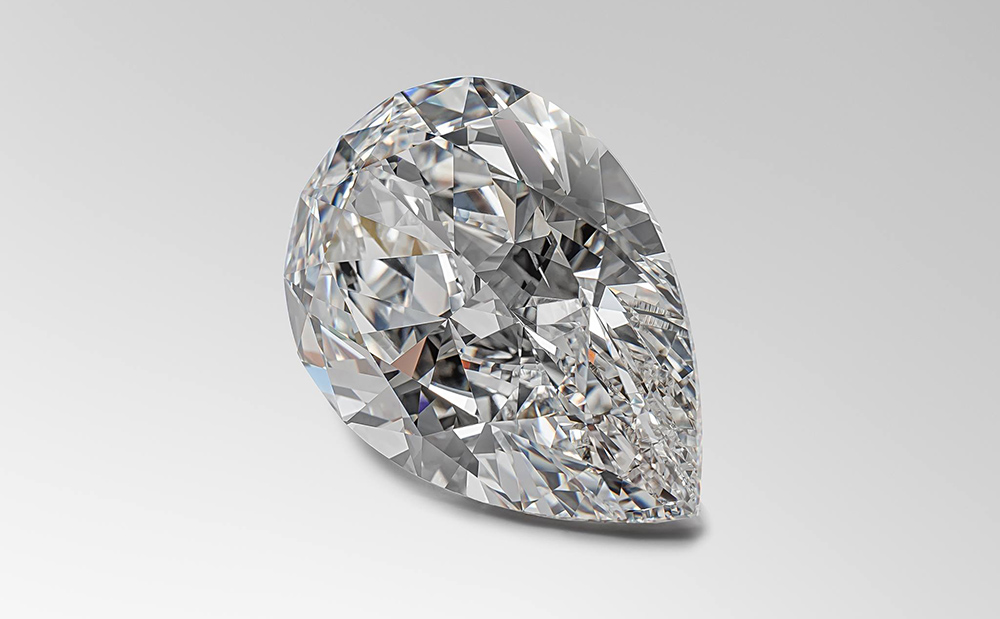 Форма бесцветного бриллианта называется pear (груша), масса 52,25 карата с характеристиками 3/7А