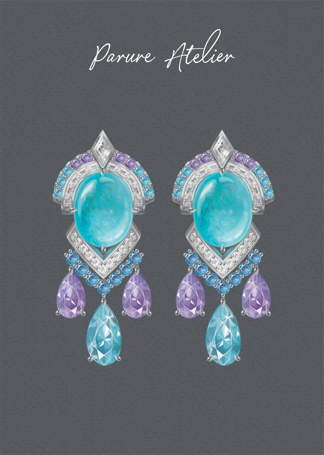 Серьги с турмалинами параиба, кунцитами, аквамаринами, сапфирами и бриллиантами, Parure Atelier. Эскиз