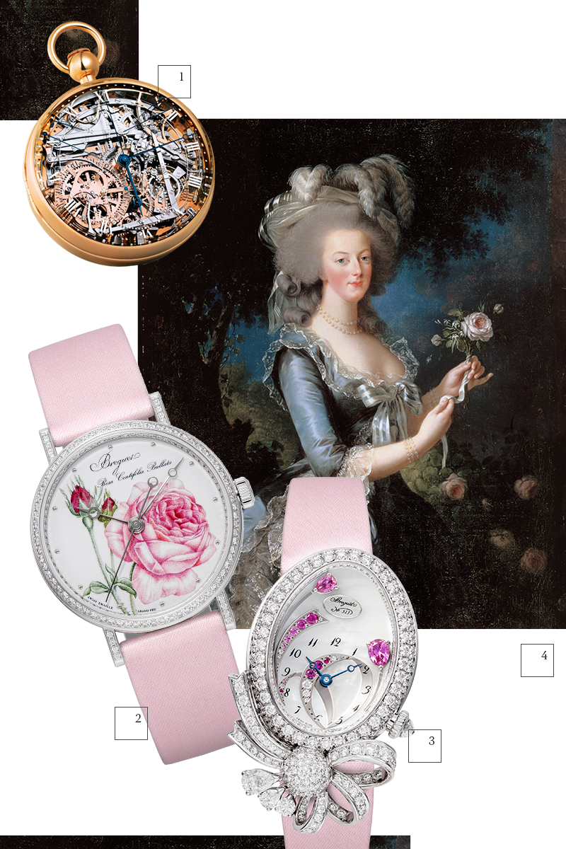 1) Карманные часы № 1160, Breguet
2) Classique Rose de la Reine, Breguet
3) D&eacute;sir de la Reine Haute Joaillerie, Breguet
4) Портрет королевы Марии-Антуанетты
