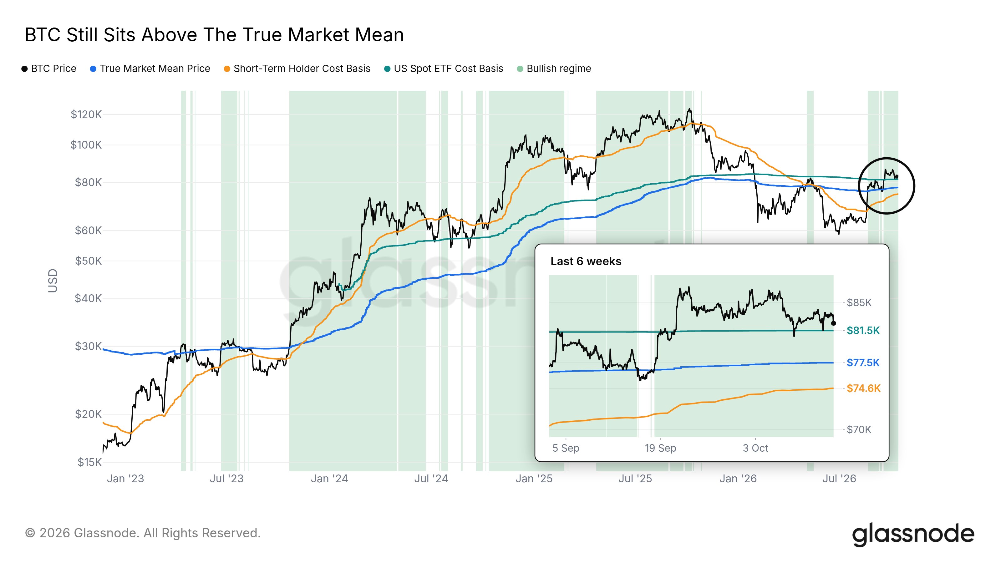 Три линии поддержки для цены биткоина на основе ончейн-индикаторов True Market Mean, Short-Term Holder, US Spot ETF. Данные: Glassnode
