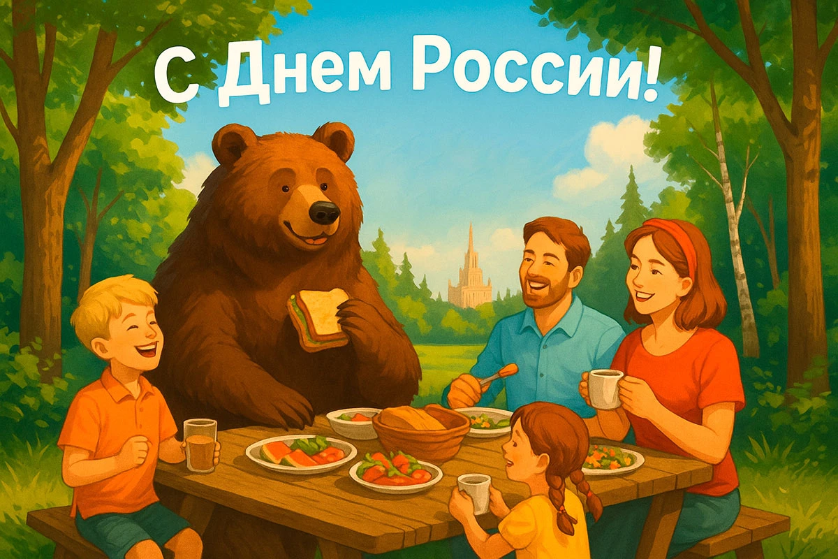 Семья с медведем на пикнике