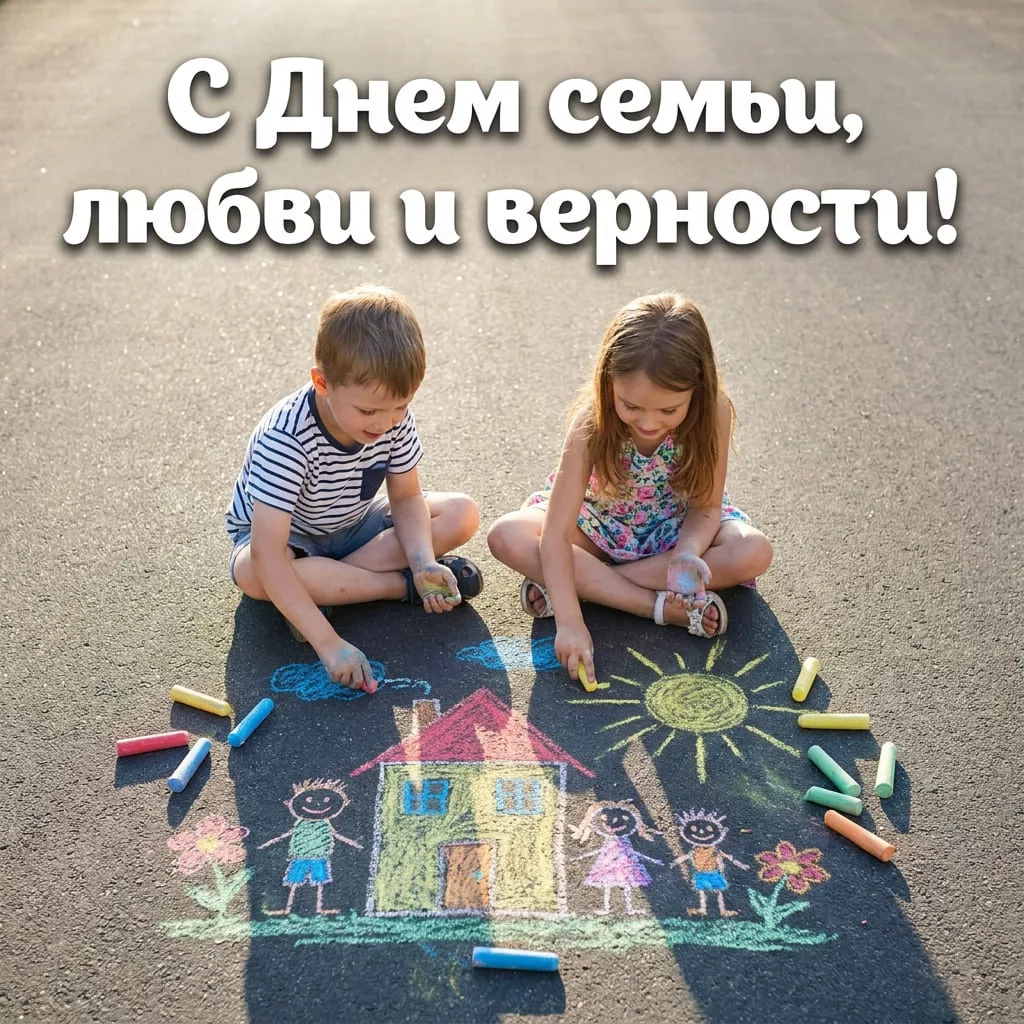 Забавная открытка с детьми, рисующими мелками семью на асфальте, и надписью «С Днем семьи, любви и верности!»