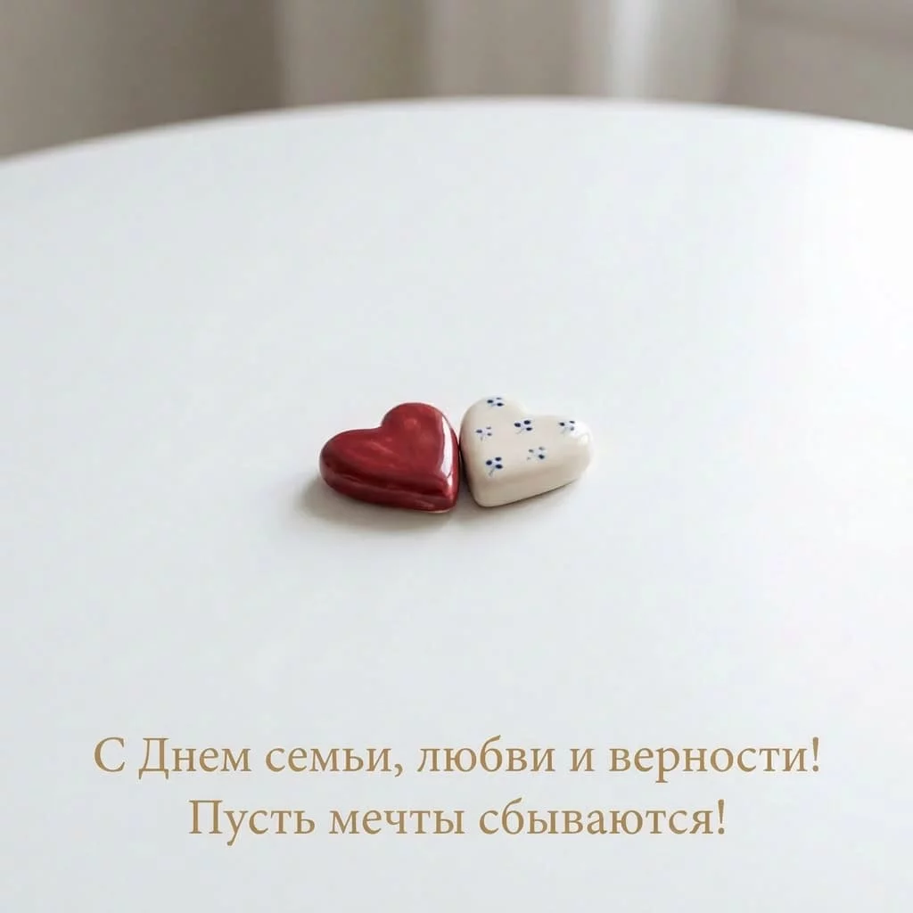 Стильная открытка с Днем семьи, любви и верности надписью «С Днем семьи, любви и верности! Пусть мечты сбываются!»