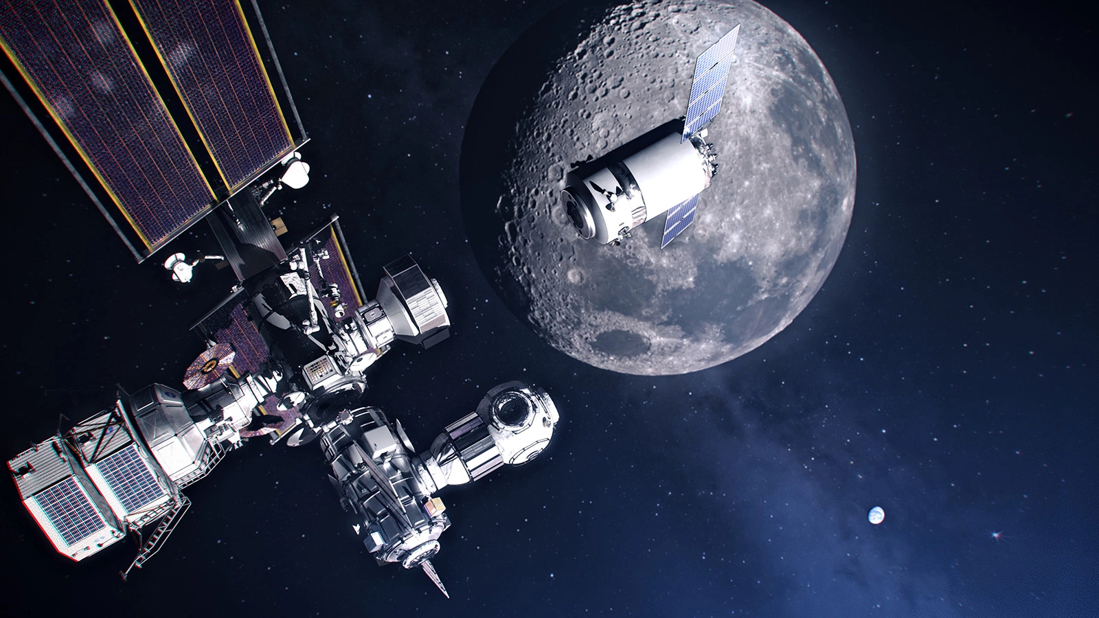 Изображение перспективной лунной орбитальной космической станции Gateway с капсулой астронавта Orion с экипажем с Земли, готовящейся к стыковке
