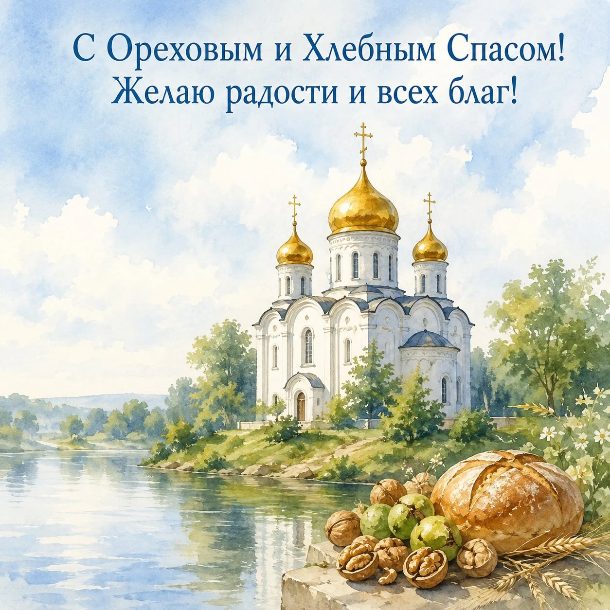 Акварельная открытка с Ореховым и Хлебным Спасом с храмом на берегу реки