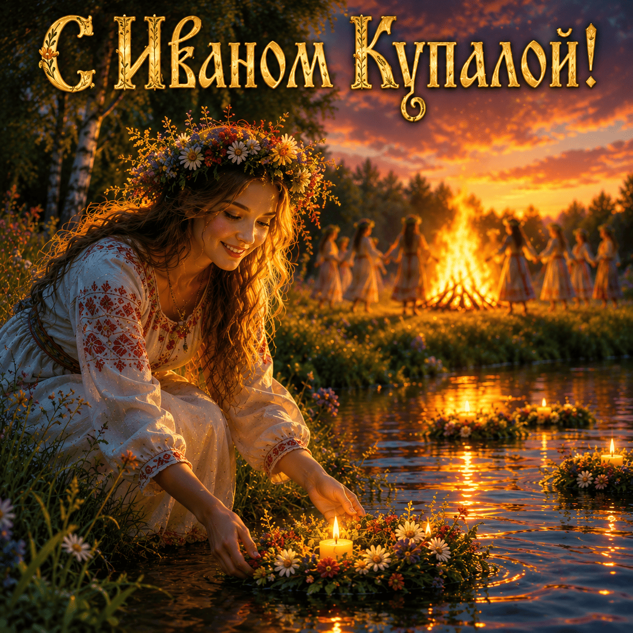 Открытка с девушкой, пускающей венок по воде, и надписью «С Иваном Купалой!»