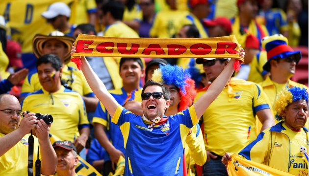 Веселые болельщики Эквадора на" Национальном стадионе имени Манэ Гарринчи" во время матча в группе Е Швейцария - Эквадор.  15 июня, Бразилиа, Бразилия.