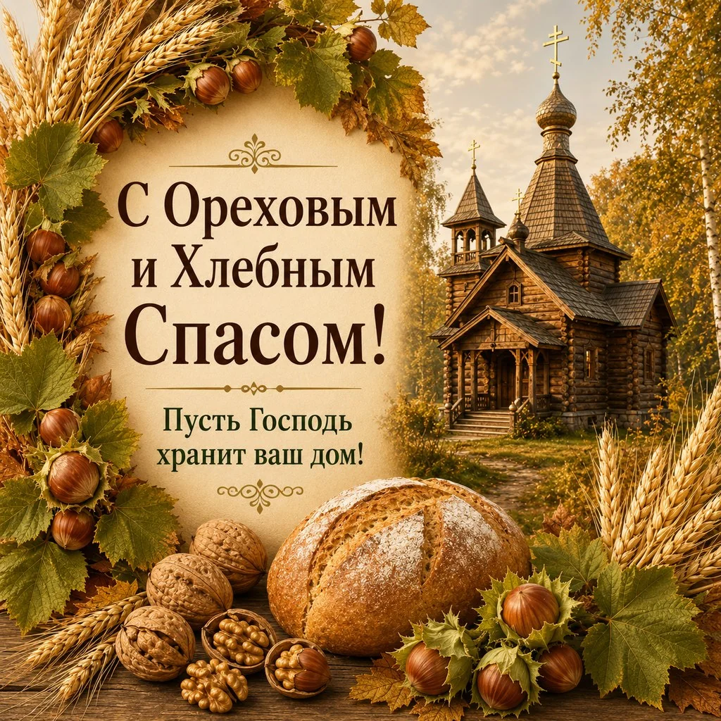 Православная открытка с Ореховым и Хлебным Спасом с деревянным храмом
