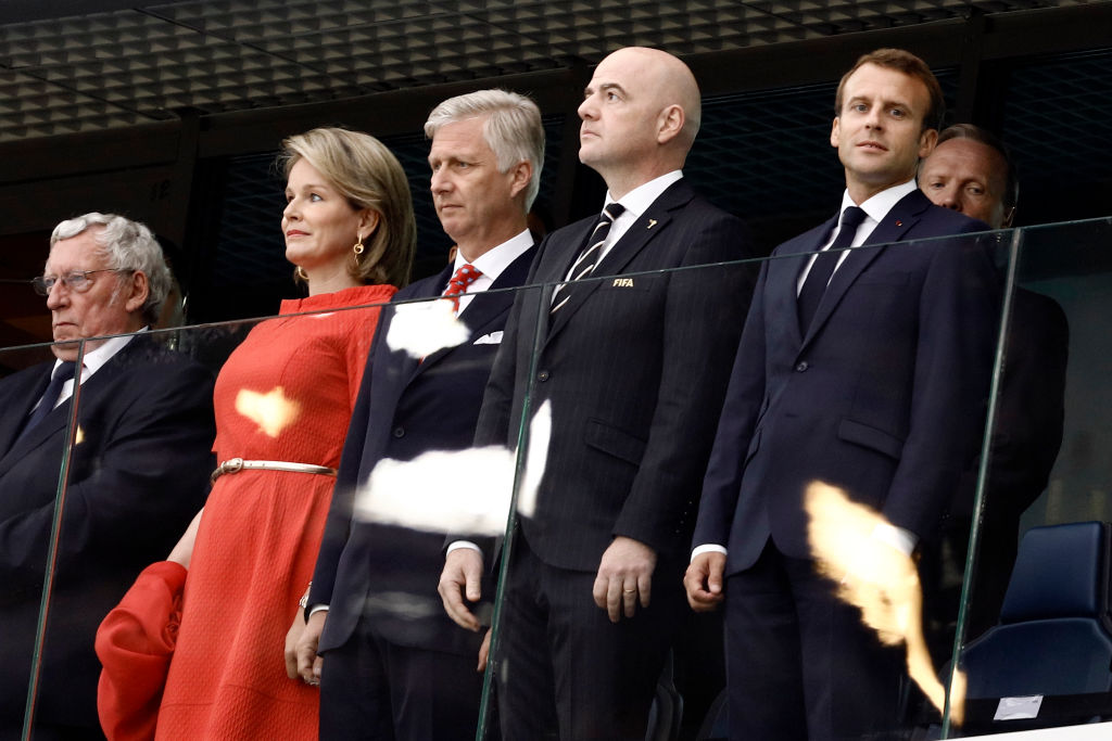 Министр иностранных дел Бельгии Дидье Рейндерс, королева Бельгии Матильда, король Бельгии Филипп, президент ФИФА Джанни Инфантино, президент Франции Эммануэль Макрон&nbsp;