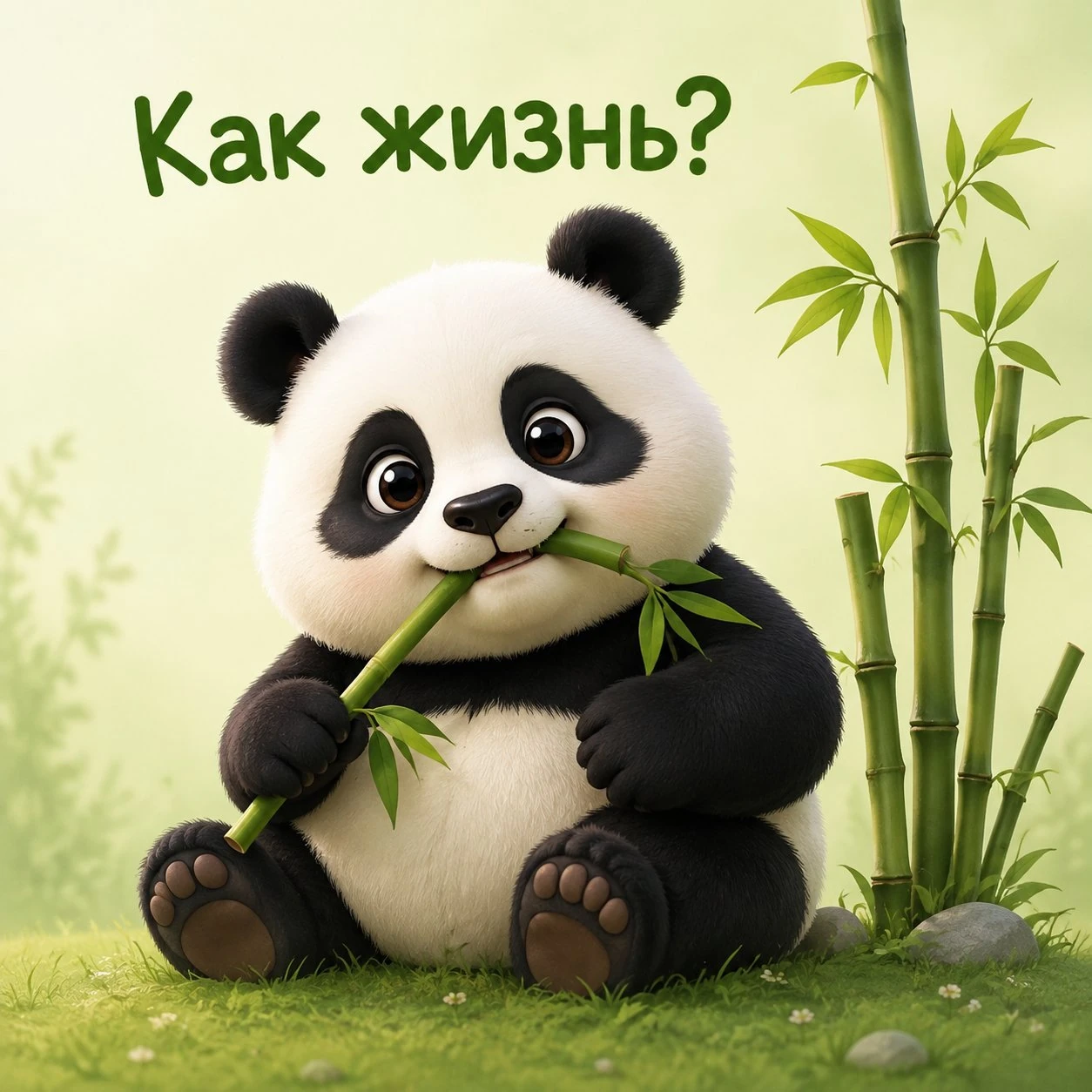 Смешная открытка с вопросом «Как жизнь?» и пандой
