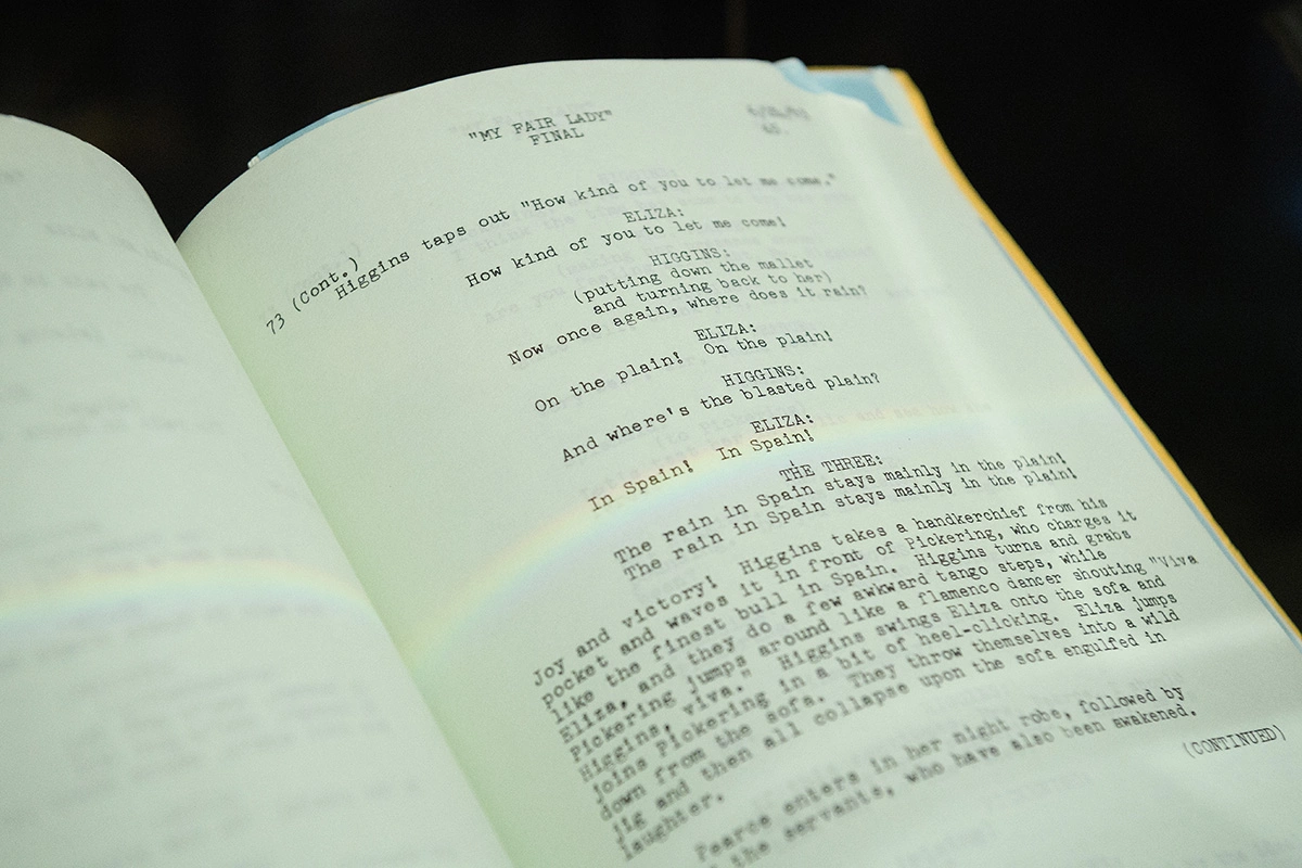 Фрагмент рабочего сценария фильма «Моя прекрасная леди» (1964) из личной коллекции актрисы Одри Хепберн на аукционе Christie's 22 сентября 2017 года в Лондоне