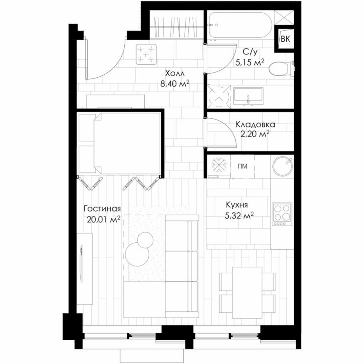 Распространенная планировка современной однокомнатной квартиры