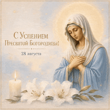 Мерцающая открытка с Успением Пресвятой Богородицы с лилиями и свечой