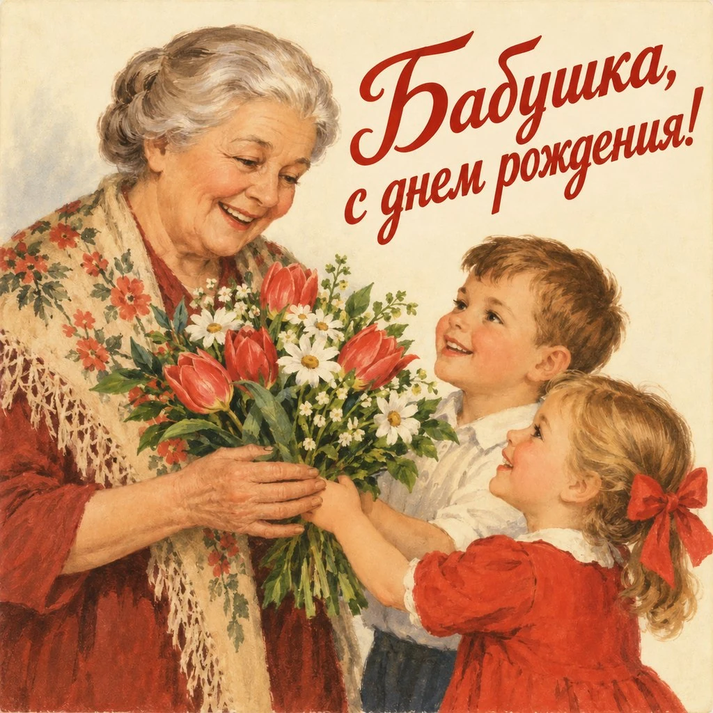 Советская открытка с днем рождения бабушке от внуков