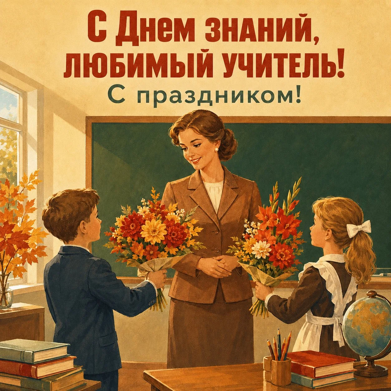 Красивая советская открытка с Днем знаний любимому учителю