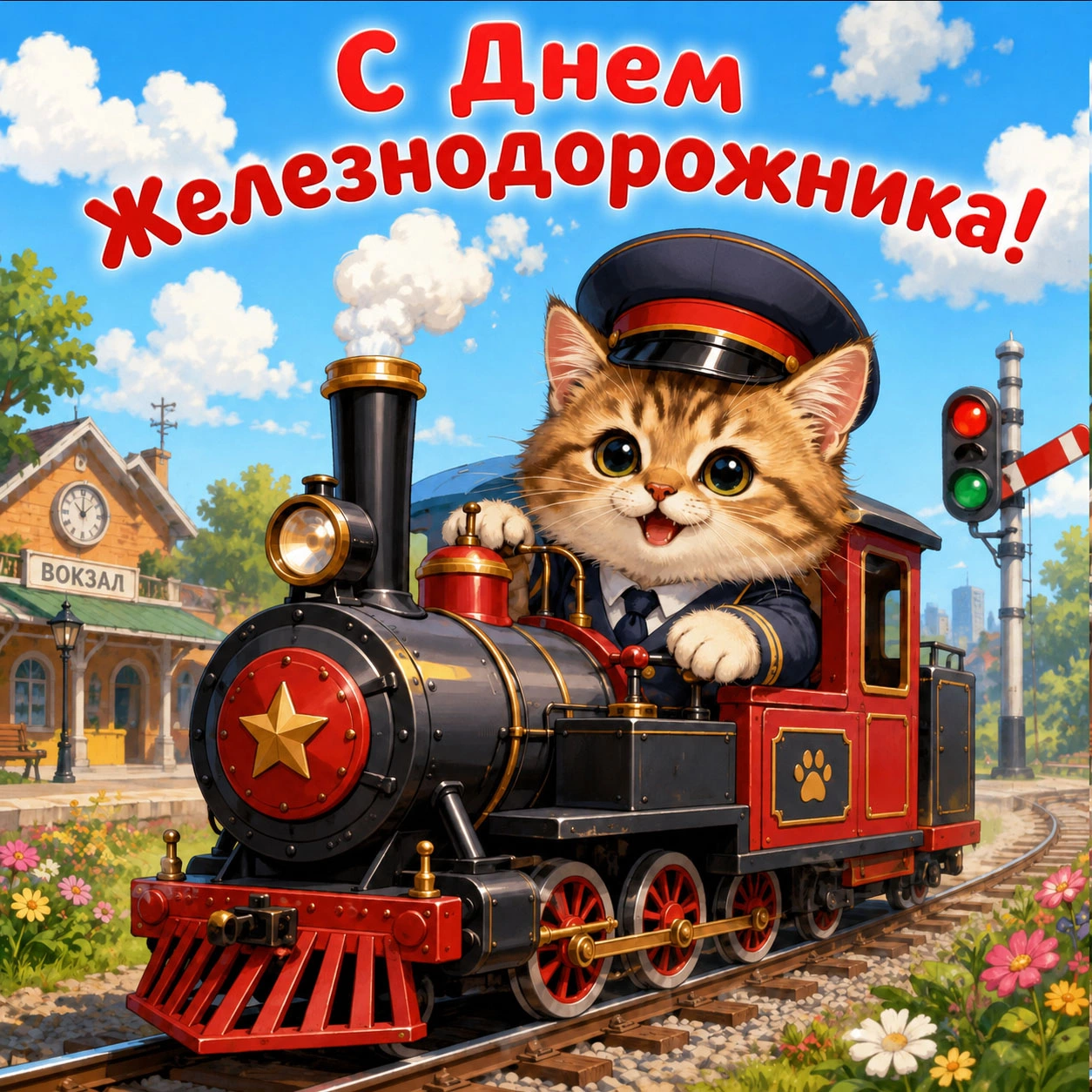 Прикольная открытка с надписью «С Днем железнодорожника!»