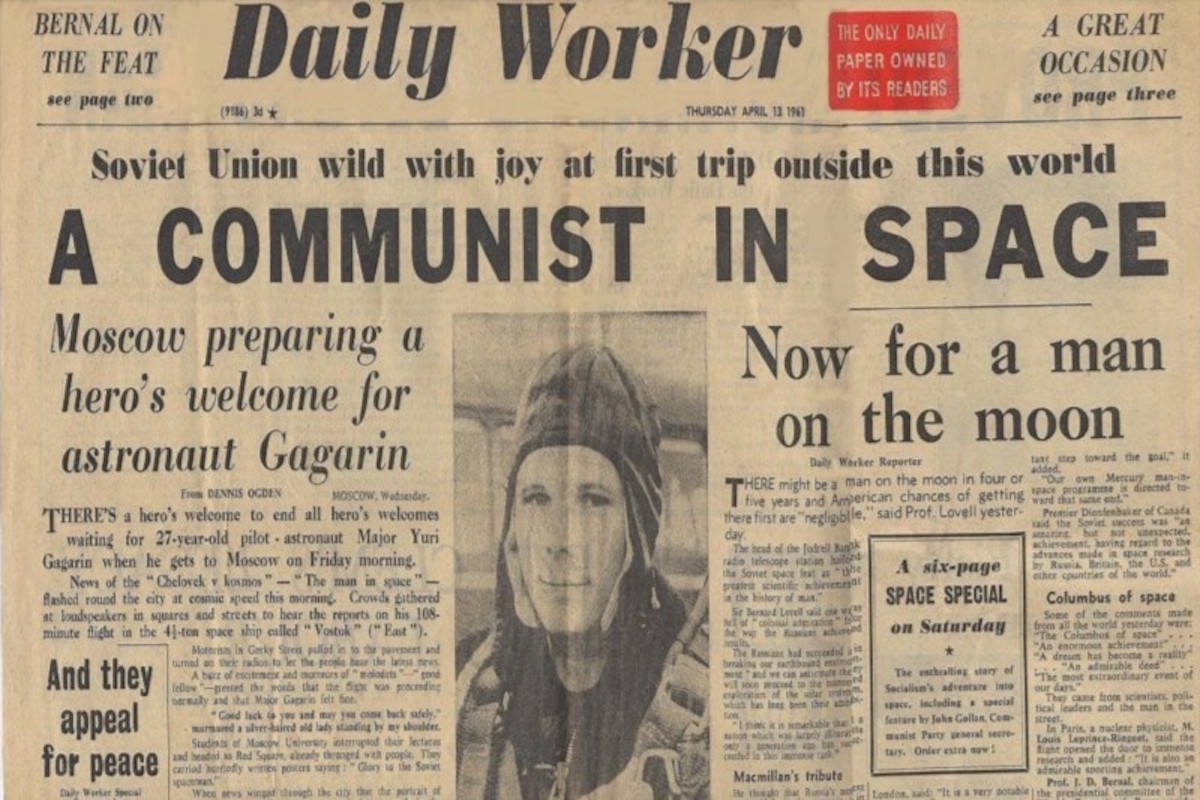 Первая полоса газеты Daily Worker от 13 апреля 1961