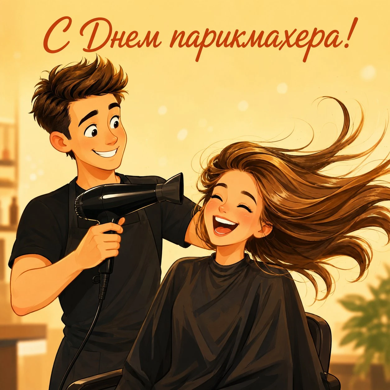 Веселая открытка с Днем парикмахера и мастером с феном