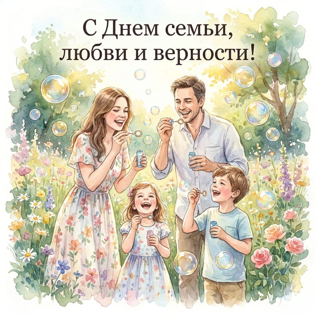 Акварельная открытка с семьей и надписью «С Днем семьи, любви и верности!»