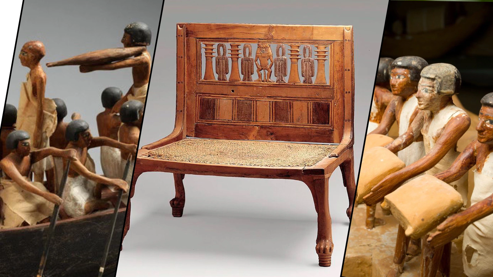 Макет «спортивной» лодки для рыбалки. Кресло из гробницы Хатнофер. Диорама, найденная в тайной комнате древнеегипетской гробницы