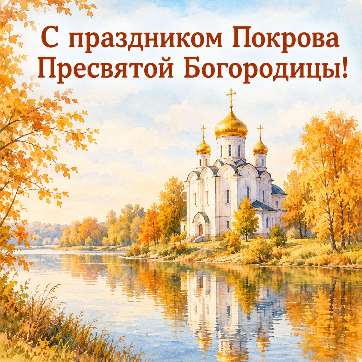 Акварельная открытка к Покрову Пресвятой Богородицы с храмом