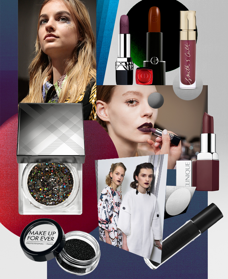 Глиттер Shimmer Dust (оттенок 2), Burberry;&nbsp;Make Up For Ever

Помады: Rouge Dior (оттенок 962), Dior; Rouge D&rsquo;Armani Sheers (оттенок 204), Giorgio Armani; Lip Lacquer (оттенок Queen is dead), Smith and Cult; Long Lasting Liquid Lipstick (оттенок 34), Wycon;&nbsp;Матовая помада для губ Pop Matte Lip Colour + Primer (оттенок Avant Garde Pop), Clinique
