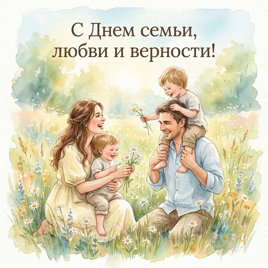 Нежная акварельная открытка с семьей и поздравлением С Днем семьи, любви и верности