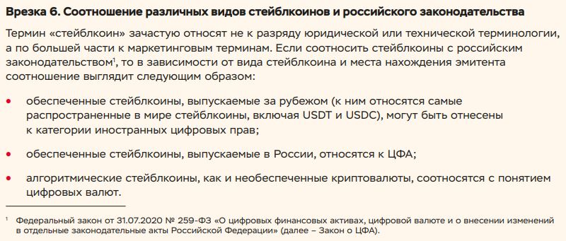 Соотношение различных видов стейблкоинов и российского законодательства. Источник: Банк России