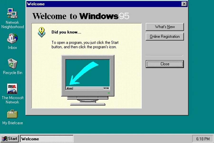 Windows 95 определила дизайн и внешний вид ОС на долгие годы. Именно в этой версии появились привычная кнопка &laquo;Пуск&raquo; и панель задач, а также &laquo;Проводник&raquo;, ярлыки, корзина и браузер Internet Explorer. С технической стороны появились важные новшества: поддержка длинных имен файлов и технология Plug and Play для упрощения подключения оборудования. Эта ОС также стала первой, потребовавшей от пользователя ключ продукта для активации. Обратной стороной стали проблемы со стабильностью и производительностью, из-за которых система часто висла.