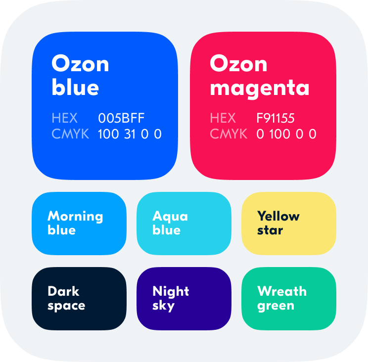 Цветовая палитра Ozon. Флагманский синий яркий и насыщеннее. С ним в паре &mdash; малиновый, который добавляет бренду эмоций и выразительности