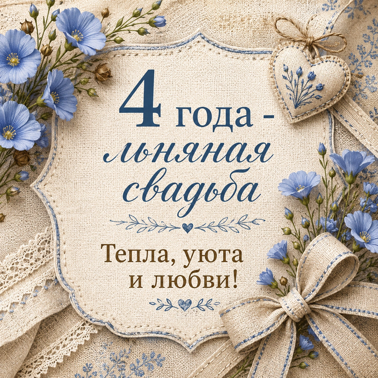 Открытка с льняной свадьбой и пожеланием тепла, уюта и любви