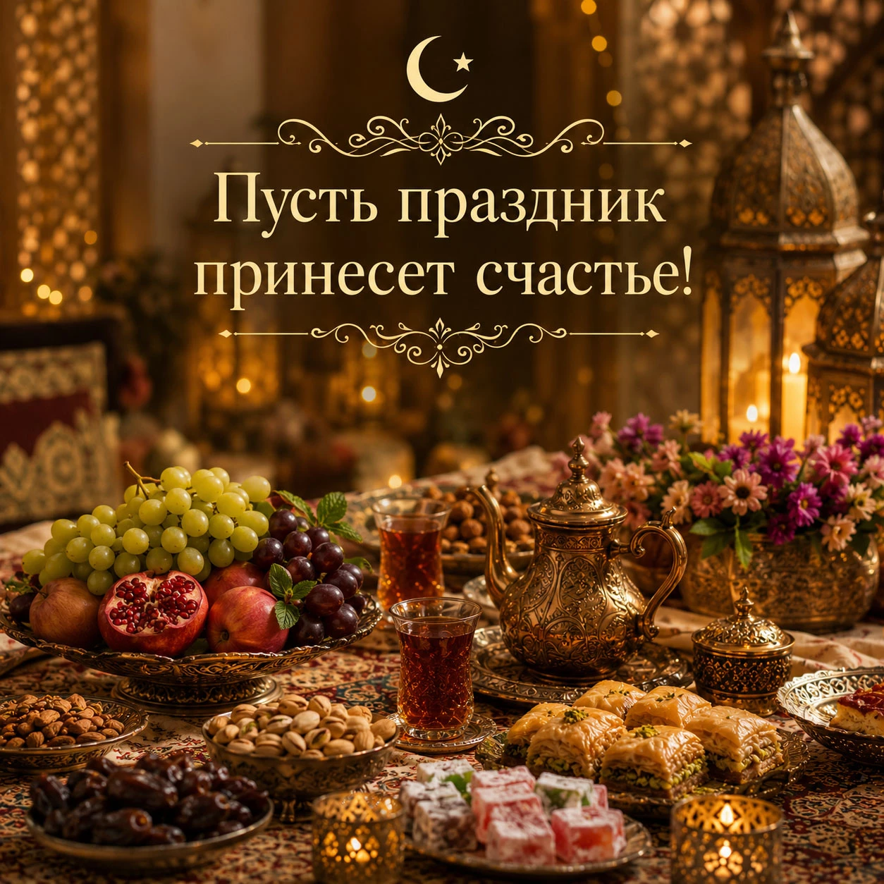 Теплая открытка с Курбан-байрамом с праздничным столом, восточными сладостями и пожеланием счастья