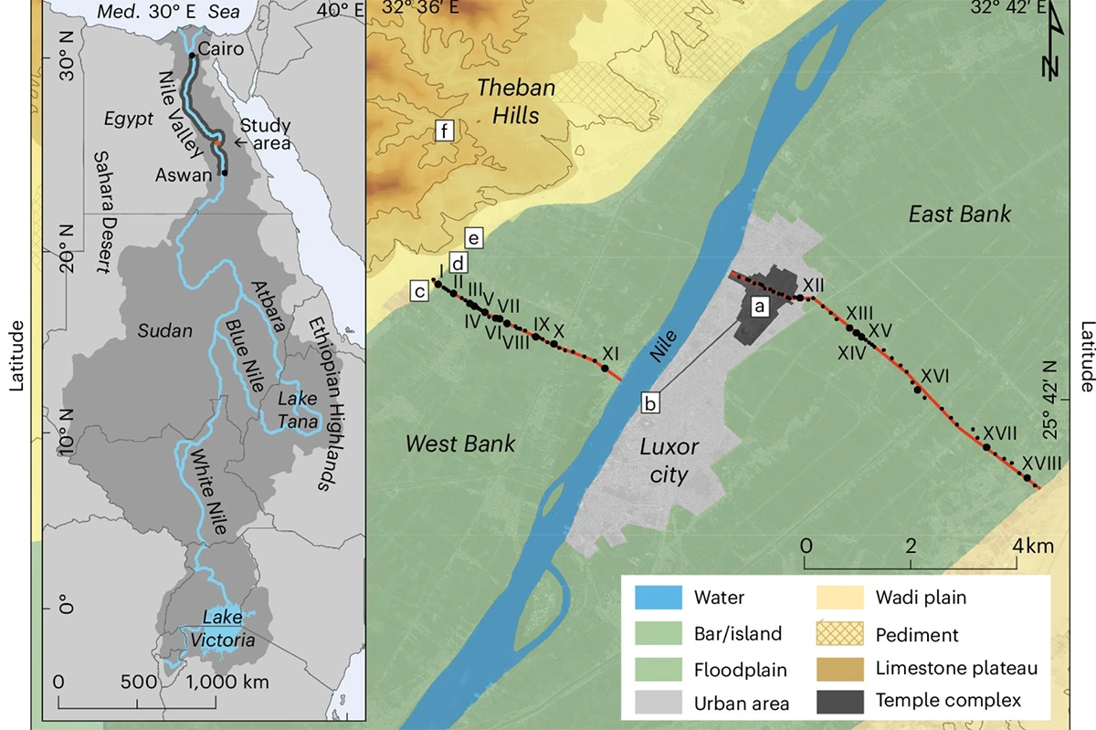 <p>Точками на схеме отмечены места бурения скважин в долине реки Нил</p>